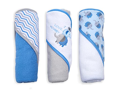 Image of Buttons & Stitches Boy's 3-Pack Blue Elephant Hooded Baby Towels, 26x30 Inches