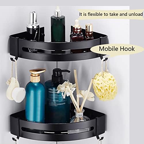 Small and Beauty Corner Shower Caddy, 2 Pack Bathroom Shelf Space Aluminum Storage Organizer Shelves No Drilling Basket Shelves with 4 Hooks (Black)