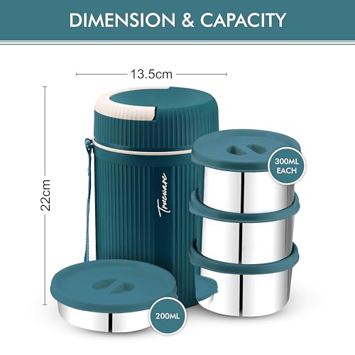 Image of Trueware GRUB 4 Double Wall Insulated Hot Lunch Box with 3 SS Container 300 ML Each & 1 SS Container 200ML | Bpa Free | Food Grade | Hot and Fresh Ma (LBI-GRB-004-Blue BAZ)
