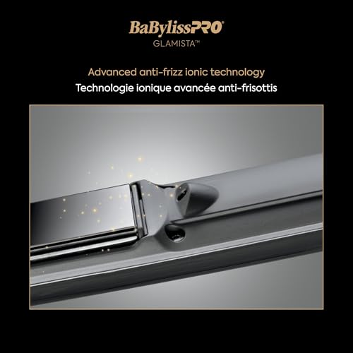 BaBylissPRO Glamista 1" Titanium avancé professionnel Ionic Flat Fer, design italien de lisser les cheveux, plaques ultra-floating, chauffages à 450°F, en fer plat courbé avec 5 Températures numériques & Technologie ionique anti-Frizz