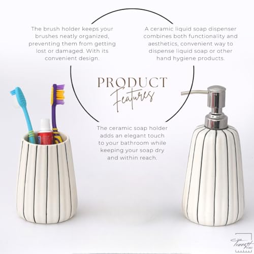 Image of Hand-Painted Ceramic Bathroom Accessories Set of 2 | 300ml Liquid Soap Dispenser & Toothbrush Holder | Rust-Proof Bathroom Organizer for Home & Wash Basin Decor | White Strip