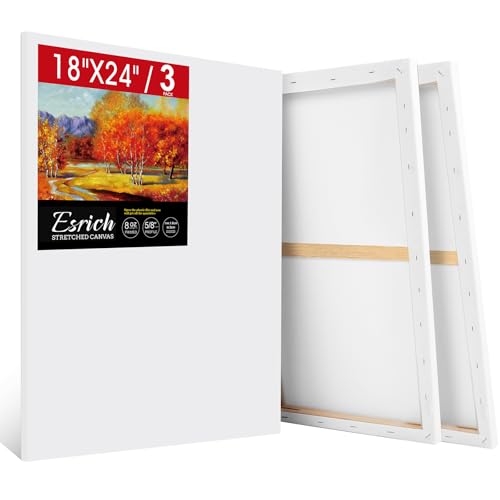 ESRICH Stretched Canvas for Painting 18x24 Inch 3Pack Large Canvas for Painting Triple Primed Acid-Free Cotton Blank Canvases for Oil Acrylic Watercolor & Gouache for Paint Parties Art Classes