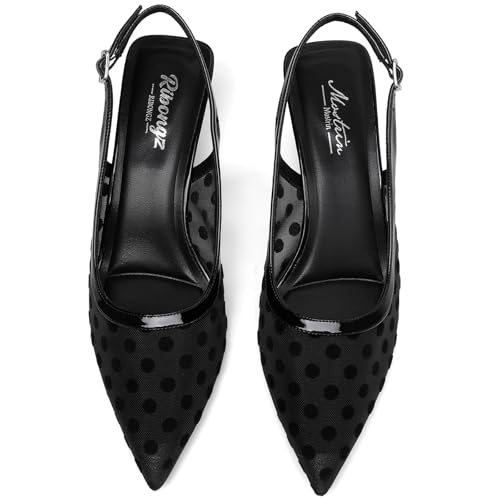 Image of Mostrin Kitten Heels for Women Pointed Toe Pumps Patent Leather Low Heel Slingback Heels with Buckle Dress Shoes for Dating Party Working