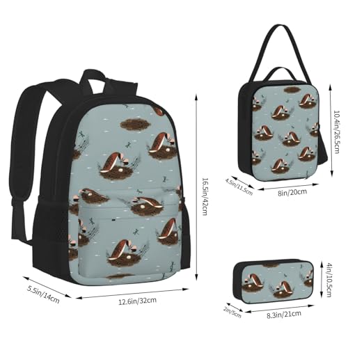 Bird Dragonfly Pattern Print 3 Piece Set Backpack, Lunch Bag, Pencil Case, Cute Sturdy For College And Travel4
