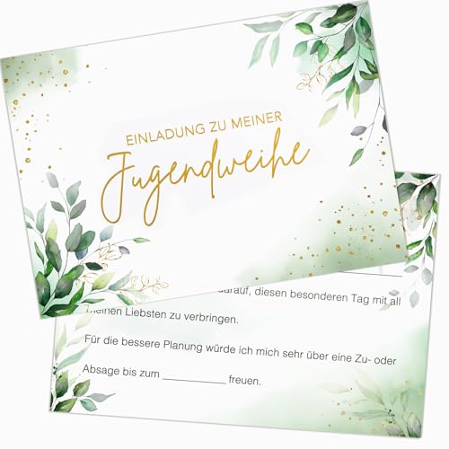 COMOOKA 12x Einladungskarten Jugendweihe Junge & Mädchen - DIN A6 Einladung Jugendweihe Karten mit Elegantes Eukalyptus Design (14 8x10 5 cm)