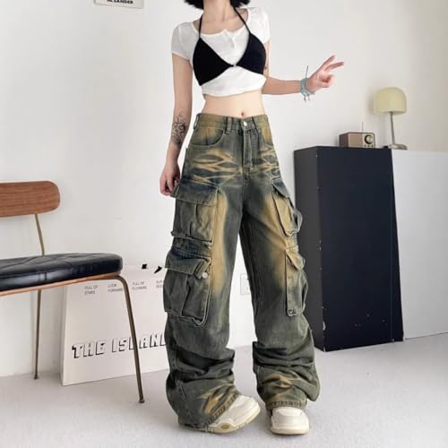 Workwear Denim Men's and Women's Retro Wasteland Color Multi Pocket Loose Hip-hop Wide Leg Hanging Pants2