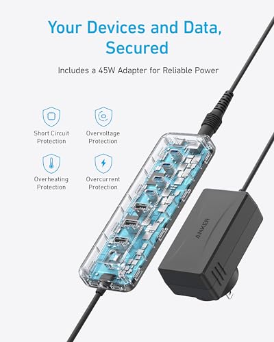 Image of Anker USB C Hub, 8-in-1 5Gbps Data Hub, USB Splitter with 3 USBA and 4 USBC Ports, 100W PD-in, 2-in-1 USB-Connector, for Laptop, MacBook, iPad and More (45W Adapter Included)