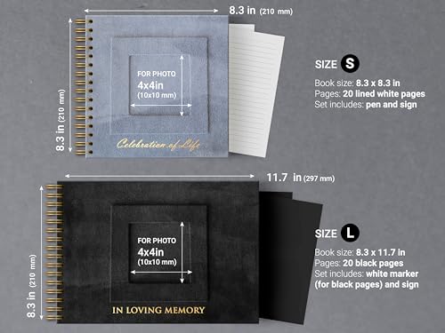 Image of Funeral Guest Book for Memorial or Celebration of Life - Velvet Hardcover with Photo Frame - Includes Pen or Marker and Sign (Black - Large)