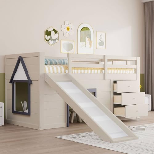 YEHTOKHOME Lit Mezzanine Multifonctionnel avec Toboggan et 3 tiroirs, Moderne lit loft en Bois avec échelle, Garde-Corps et sommier à Lattes(sans Matelas)...