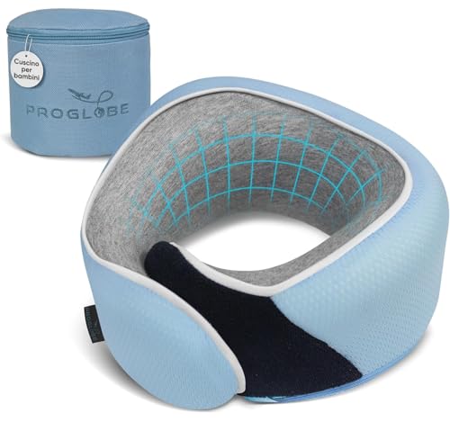 Proglobe Cuscino cervicale da viaggio per bambini – Cuscino ergonomico in memory foam per aereo, auto, rialzo – morbido, lavabile, compatto cuscino da viaggio con cinghia, azzurro, dai 4 anni in su