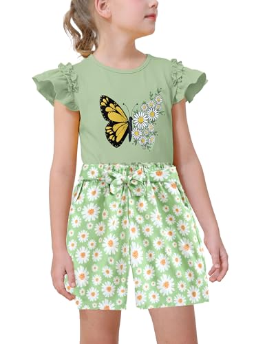 Image of mksodop Girls outfits 2-Piece ruffled short sleeve butterfly floral print high waist floral shorts girls summer clothes