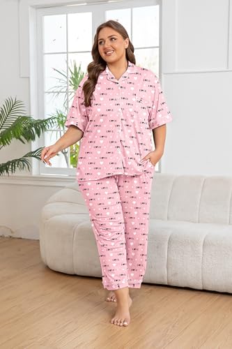 Image of Vozanet Women's Plus Size Pajamas Button Down Shirt and Pants Soft Lounge Sets Bride Nighty Bottom with Pockets 1x to 5x