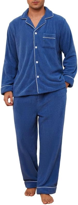 Vulcanodon Mens Fleece Pajama Set, Soft Warm Long Sleeve Sleepwear with Pockets Cozy Button-Down Pjs for Men
