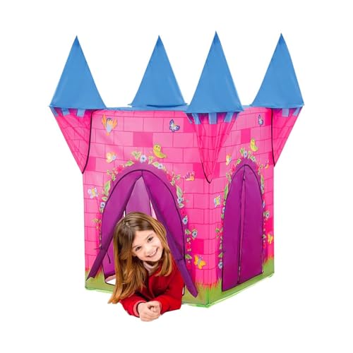 DESIGN MAGICO: Castello delle principesse in tessuto con 4 torri blu e pareti rosa, decorato con farfalle e fiori per un'atmosfera incantata