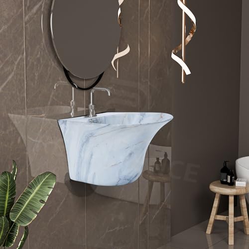 Image of REMANENCE Luxury Wall Mount Half Pedestal Wash Basin for Bathroom | Designer Wall Hung Basin | Wall Mounted Washbasin for Resturent, Hotels (16 x 16 x 11 Inch) (Designer Blue)