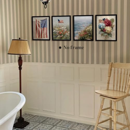 Image of WEFKODO Vintage Patriotic Decor Wall Art for Home Bathroom Bedroom, Vintage Retro America Flag Hydrangea Floral Wall Decor 4th of July Decorations Pictures Posters Prints Set of 4, 8x10 Inch Unframed
