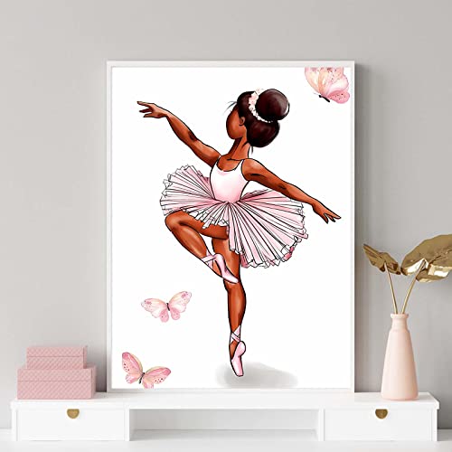 Nursery Wall Art Canvas Painting Cute Pink Ballerina Dancer Girl Prints, African American Girl Wall Art Canvas Painting Posters And Pictures, Watercolor Pink Ballet Art Print For Kids Girls Room Decor #TOP4
