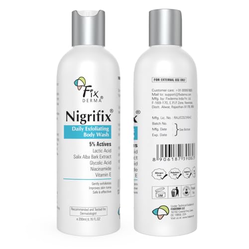 Image of Fixderma Nigrifix Exfoliating Body Wash with 5% Actives (Lactic Acid, Glycolic Acid, Niacinamide Acid & Vitamin E) | Gentle Exfoliating Shower Gel | Improves Skin Tone | Body Wash Shower Gel - 200ml