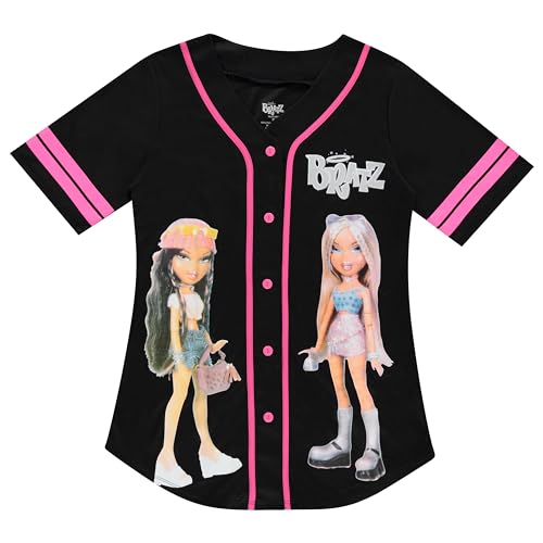 Bratz Ladies Dolls Baseball Jersey - Yasmin Cloe Jade and Sasha Mesh Button Down Baseball Jersey 1990s Shirt (Black Pink Large)