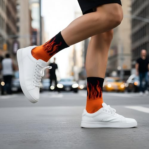 Image of Flame Design Crew Socks, Multicolor Cotton Blend, Athletic Style, Novelty Fire Pattern, 7 Pack