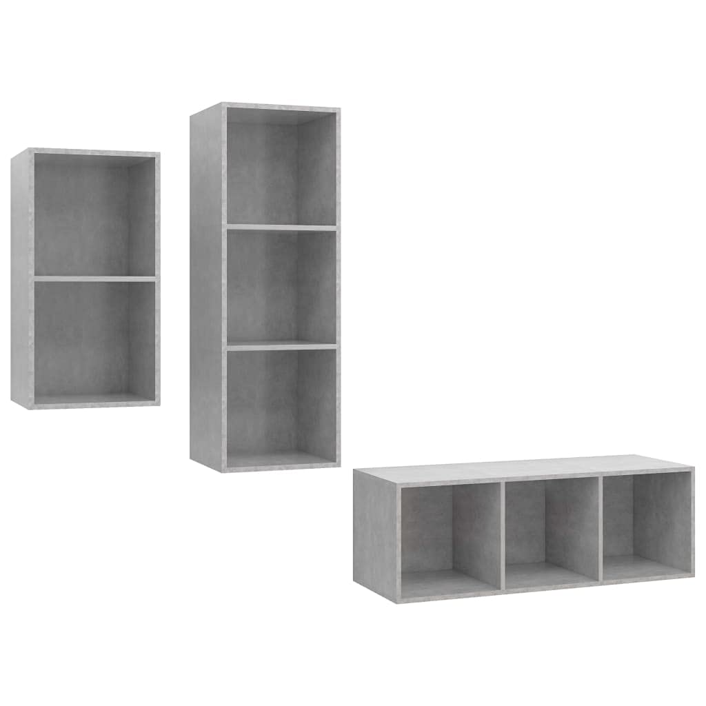 3-TLG. TV-Schrank-Set Betongrau, Holzwerkstoff, Hängend, Modernes Media-Center für Wohnzimmer, Schlafzimmer, Vielseitige Aufbewahrungslösung