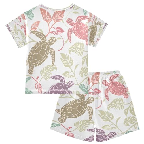 senya Short Sleeve Pajamas Sets Summer Cotton Sleepwear Multicolor Turtles and Tropical Leaves2