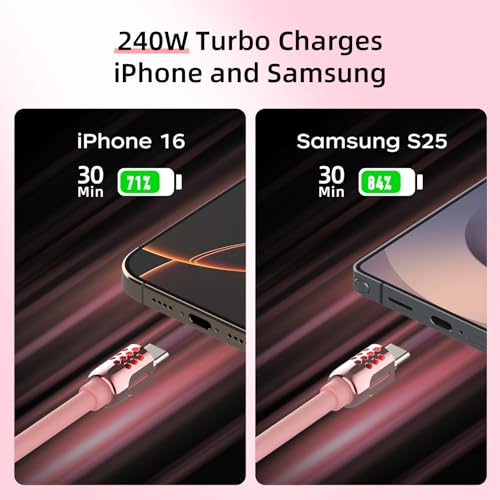 Image of MFish 4-in-1 Fast Charging Cable, 6.6FT 240W PD 3.1 USB-A /USB-C to USB-C & Lightning, Silicone Multi Charging Cable with Case, CarPlay Compatible, for iPhone 17 /16 Series, MacBook, iPad, Pink