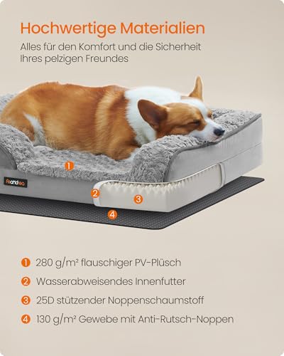 Feandrea Orthopädisches Hundebett für mittelgroße Hunde, wasserdichtes Hundesofa mit abnehmbarem Plüsch-Bezug, 91 x 68 x 16 cm, Taubengrau PGW252G01