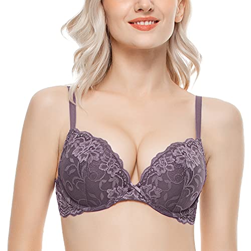 WingsLove Women's Push up Bra Floral Lace Padded Underwire Bra Demi Plunge（Purple 38D）