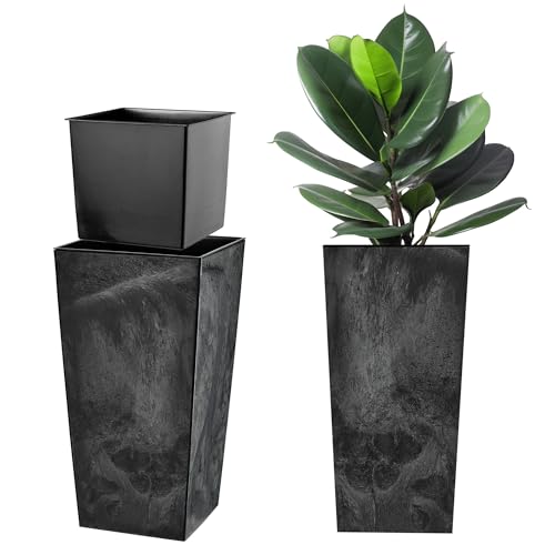 KADAX Pflanzkübel mit Innentopf, Höhe 57.5cm, Beton schwarz – Wetterfester Blumentopf für Innen & Außen, ideal für Garten, Balkon & Terrasse, zum Bepflanzen, Dekorieren und als stilvoller Übertopf