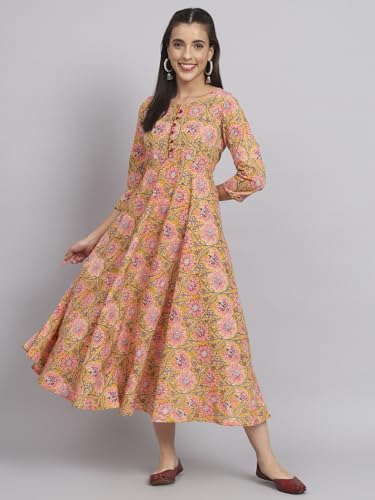 Image of Rapsodia Womens Cotton Green & Brown Floral Printed Flared Kurta