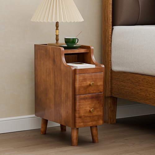 Image of Nightstand, Pre-Assembled, 19.7 inchH Solid Wood Night Stand with 2 Drawers, Open Sliding Shelf, Mid Century Modern Small Bedside Table for Bedroom, Walnut 8 inch