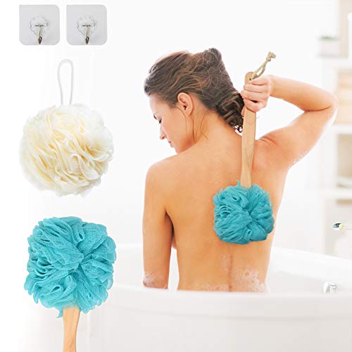 Chrider Loofah Sponge Shower Brush, Long Handled Wooden Bath Brush with Sponge Luffa Ball for Exfoliating, Both Men and Women Can Be Used for Body, Face and Spa Washing
