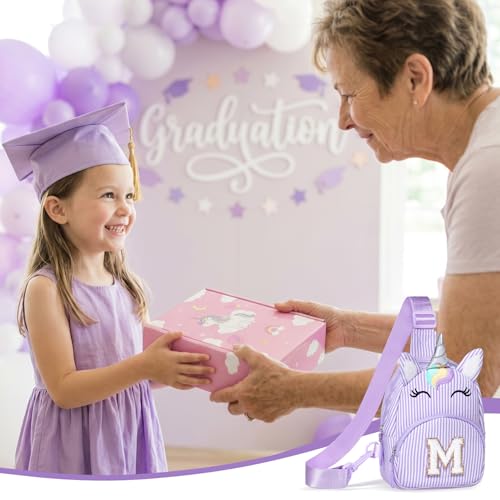 Image of COSHAYSOO Purple Unicorn Little Girls Purse 3 4 5 6 7 8 Year Old Girl Birthday Gifts Flower Girl Gift Ideas, Kids Cross Body Sling Bag Summer Camp Vacation Travel Accessories Initial Monogram Letter M