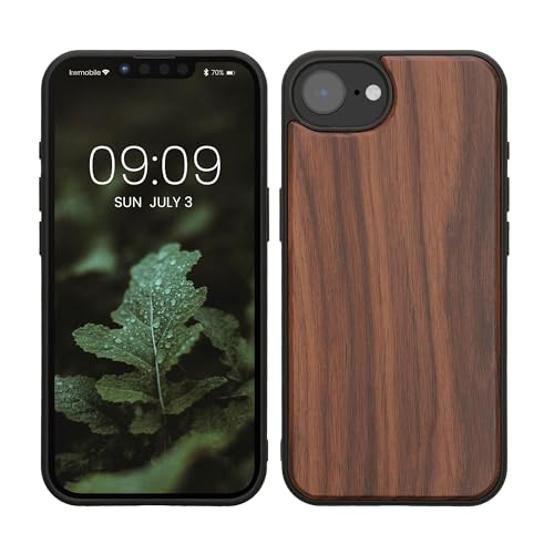 kwmobile Real Wood Case Compatible with Apple iPhone 16e Case - Hard Wooden Cover w/TPU Bumper - Dark Brown