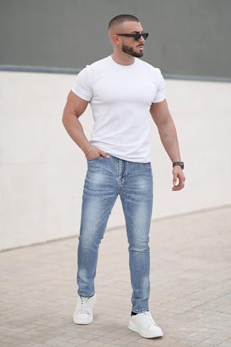Slim Fit Stretch Jeans for Men Tapered Leg Skinny Fit Jeans Blue Color No Ripped 282