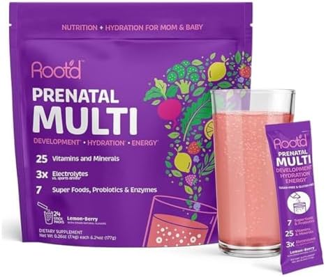 Root’d Prenatal Multivitamin Powder with 3X Electrolytes – 25 Vitamins & Minerals, Folate, Iron, Vitamin D3, 7 Superfoods & Probiotics, Sugar-Free Vitamins & Hydration | 24 Vitamin Drink Mix Packets