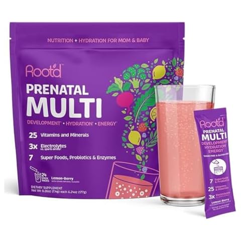 Root'd Prenatal Multivitamin Powder with 3X Electrolytes - 25 Vitamins & Minerals, Folate, Iron, Vitamin D3, 7 Superfoods & Probiotics, Sugar-Free Vitamins & Hydration | 24 Vitamin Drink Mix Packets Cover