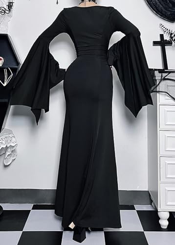 TSMNZMU Gothic Maxi Dresses for Women Dark Style Slim Long Dresses Long Flare Sleeve V-Neck Vintage Evening Dress2