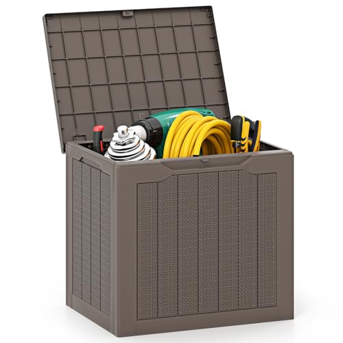 COSTWAY Gartenbox 96 L, Auflagenbox mit abschließbarem Deckel & Rattanoptik, wasserfeste Aufbewahrungsbox Kissenbox für Poolzubehör, Gartengeräte, Paketzustellung, Gartenmöbel (Braun)