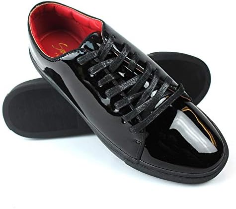 Men's Black Patent Leather Tuxedo Sneakers Red Insole Slip On/Laces (Lace Up 441, Numeric_7_Point_5) | Image 5