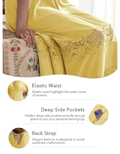Image of Olaesa Boho Maxi Dress V Neck Short Sleeve Lace Smocked Waist Flowy Dress | Wedding Guest Dress with Pockets, Summer Bohemian Vacation Dress, Elegant Party Dress for Family photo& Baby Shower