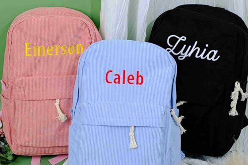 Personalized Corduroy Backpack with Kids Name, Custom Embroidered School Travel Laptop Bookbag for College Boy Girls3