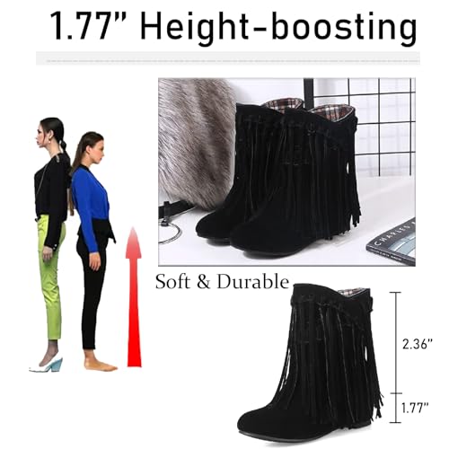Women's Suede Tassel Fringe Flat Ankle Boots Sexy Pointed Toe Warm Fur Lining Pull-on Low Heel Internal Height Increase Moccasin Booties Fall Winter Outdoor Dress Mid Calf Boots4