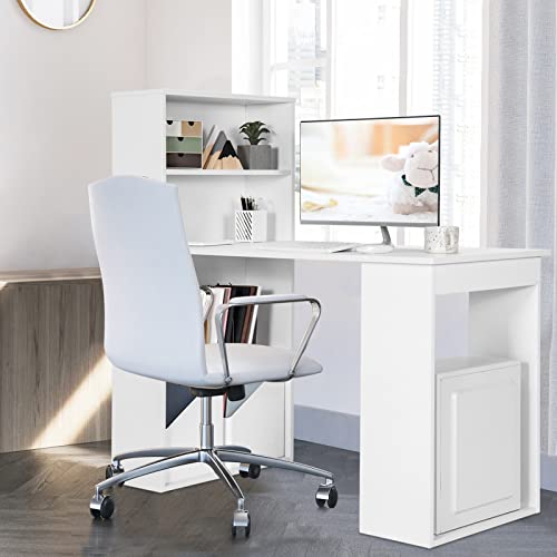 SILKYDRY Computer Desk with Bookcase, 48” Modern Writing Table Desk with Storage Shelves and CPU Stand, Reversible Study Workstation for Home Office Bedroom (White) by SILKYDRY - Used condition - Image 2