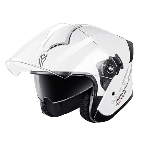 YEMA 3/4 Open Face Motorcycle Helmet DOT Approved - Dual Visor Quick Release Buckle Adult Motorbike Helmets for Men & Women Moped Scooter Street Bike Helmet YM-650 (White-MLX Medium)