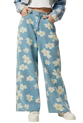 loveimgs Women 2025 Baggy Floral Jeans Mid Rise Wide Leg Denim Pants Flower Printed Patterned Jeans Y2k Patchwork Boyfriend