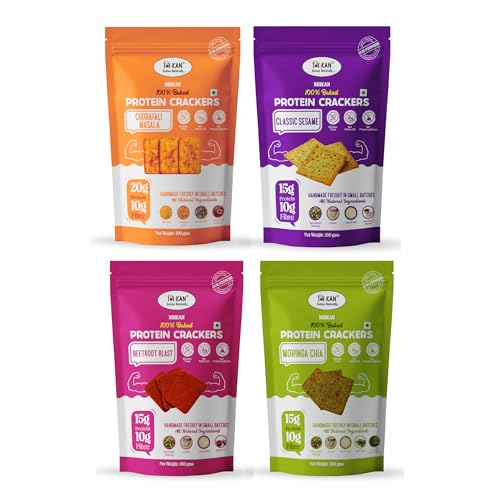 Image of NIHKAN Baked Protein Crackers Combo - Moringa, Beetroot, Sesame & Chorafali | Gluten Free Healthy Snack | 100% Baked, No Palm Oil, No Preservatives, Fibre Rich & All Natural (Combo of 4, Moringa, Sesame, Beetroot & Chorafali)