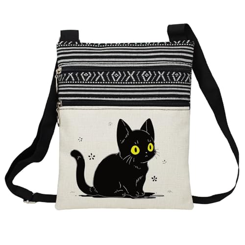 Black Cat Messenger Bag Small Ethnic Pattern Printed Adjustable Strap Crossbody Zipper Bag Black Cat Phone Bag Wallet Cute Shoulder Handbag for Women -7