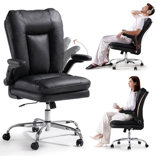 LEAGOO Ergonomic Office Chair with 3D Padded Flip-up Armrests, Adjustable Desk Office Chairs for Home, Mid Back PU Leather Comfy Swivel Executive Computer Chairs with Wheels, Black